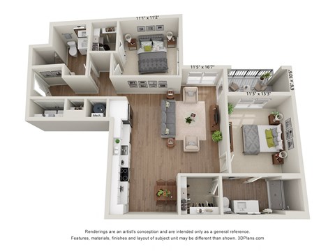 Floor plan for 2 beds, 2 baths, 1113 sqft